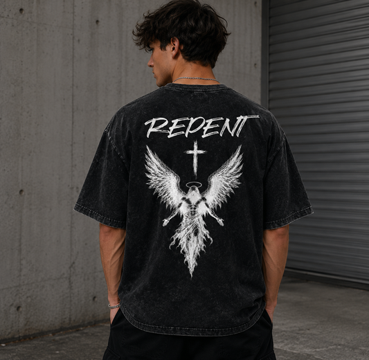Repent – Angel of Light | Black Premium Oversized Washed Christian T-Shirt