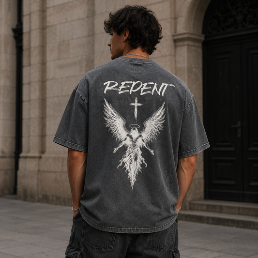 Repent – Angel of Light | Grey Premium Oversized Washed Christian T-Shirt
