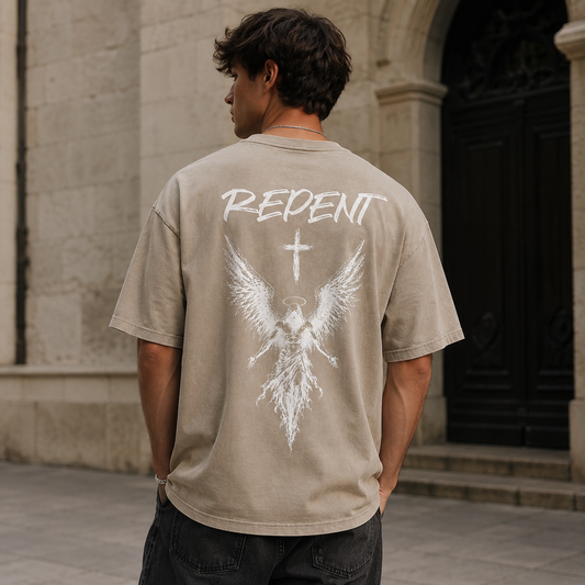 Repent – Angel of Light | Khaki Ash Premium Oversized Washed Christian T-Shirt